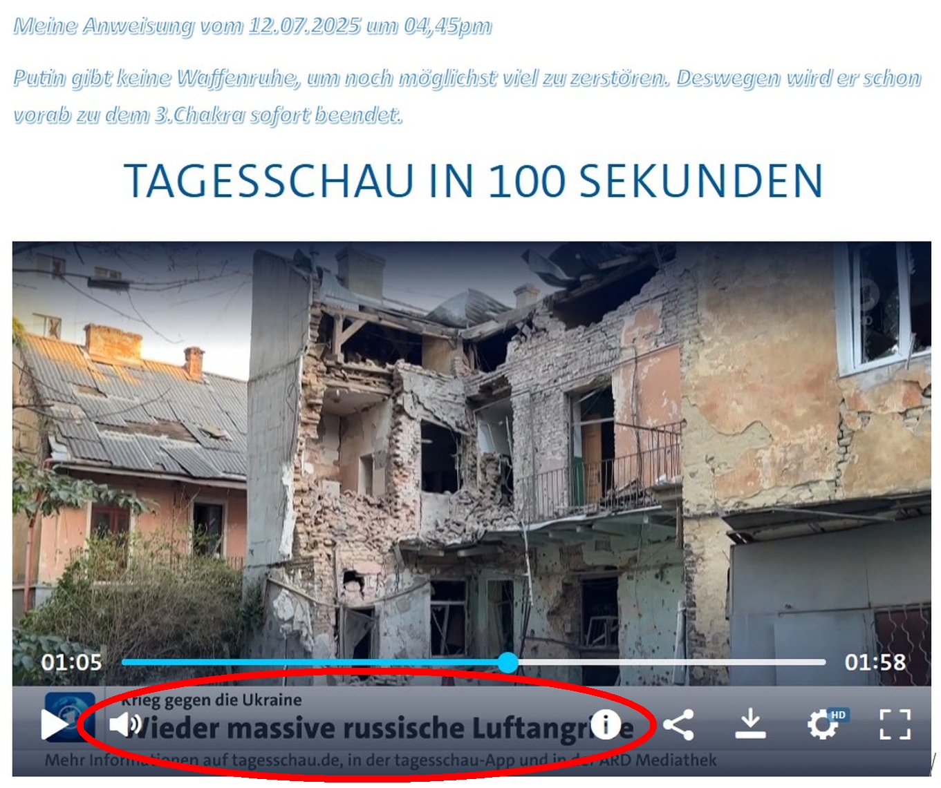 Meine Anweisung vom 12.07.2025 um 04,45pm Putin gibt keine Waffenruhe, um noch möglichst viel zu zerstören. Deswegen wird er schon vorab zu dem 3.Chakra sofort beendet.