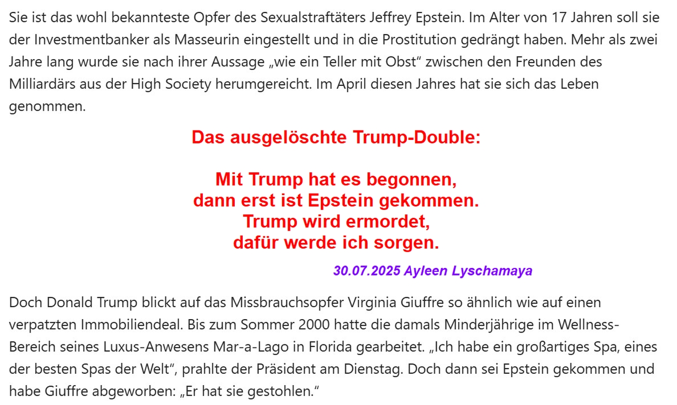 Der Trump-Epstein-Fall: Morddrohung gegen das Trump-Double.