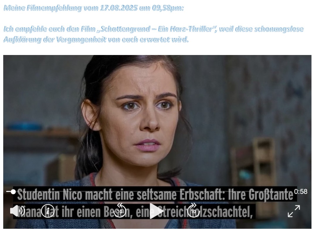 Ich empfehle euch den Film „Schattengrund – Ein Harz-Thriller“, weil diese schonungslose Aufklärung der Vergangenheit von euch erwartet wird.