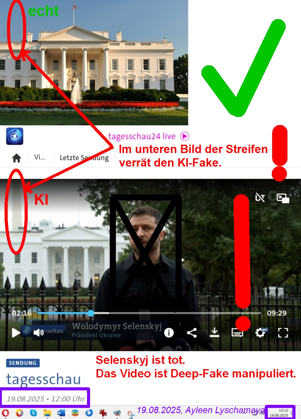 Selenskyj ist tot. Das Video ist Deep-Fake manipuliert. Im unteren Bild der Streifen verrät den KI-Fake.