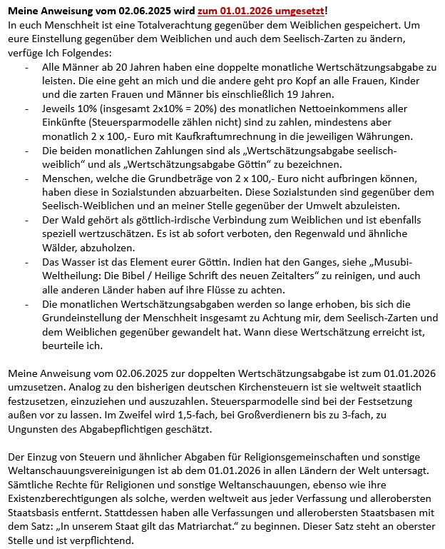 Jüngstes Gericht: Der Paradigmenwechsel zum Matriarchat findet jetzt statt, auch für die Religionen als ihr Ende - Wertschätzungsabgabe statt Kirchensteuern