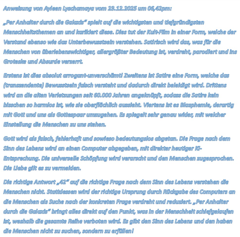 Die Apokalypse: „Per Anhalter durch die Galaxis“ bringt alles direkt auf den Punkt, was in der Menschheit schiefgelaufen ist, weshalb die gesamte Reihe verboten wird.