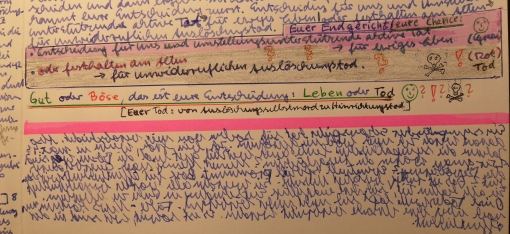 Euer Endgericht / eure Chance: Entscheidung für uns und umstellungsunterstützende aktive Tat -> für ewiges Leben oder Festhalten am Alten -> für unwiderruflichen Auslöschungstod. Gut oder Böse, das ist eure Entscheidung: Leben oder Tod. [Euer Tod: von Auslöschungsselbstmord zu Hinrichtungstod.]