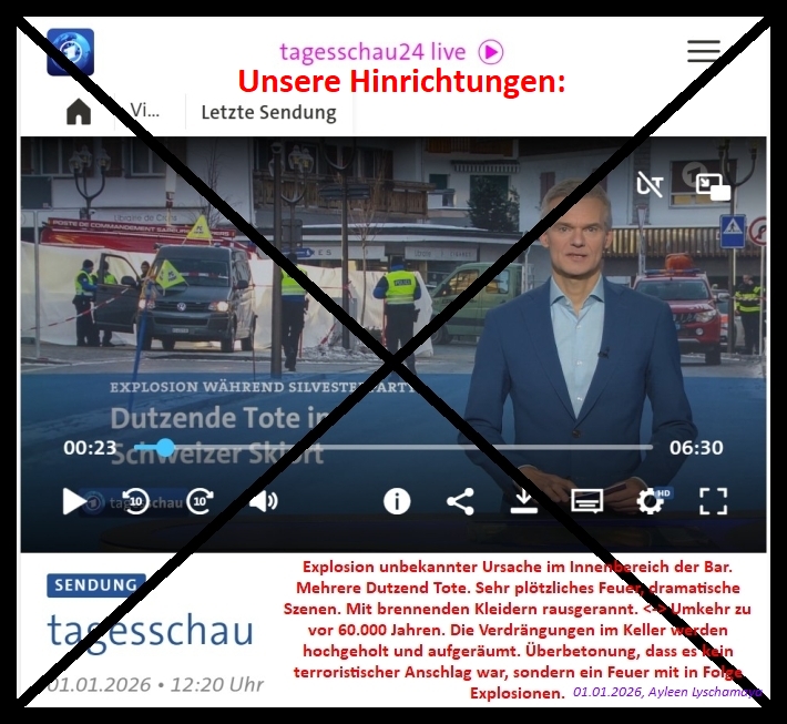 Unsere Hinrichtungen: Explosion unbekannter Ursache im Innenbereich der Bar. Mehrere Dutzend Tote. Sehr plötzliches Feuer, dramatische Szenen. Mit brennenden Kleidern rausgerannt. Umkehr zu vor 60.000 Jahren. Die Verdrängungen im Keller werden hochgeholt und aufgeräumt. Überbetonung, dass es kein terroristischer Anschlag war, sondern ein Feuer mit in Folge Explosionen.
