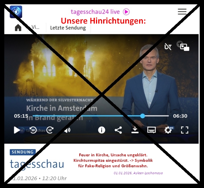 Unsere Hinrichtungen: Feuer in Kirche, Ursache ungeklärt. Kirchturmspitze eingestürzt. -> Symbolik für Fake-Religion und Größenwahn.