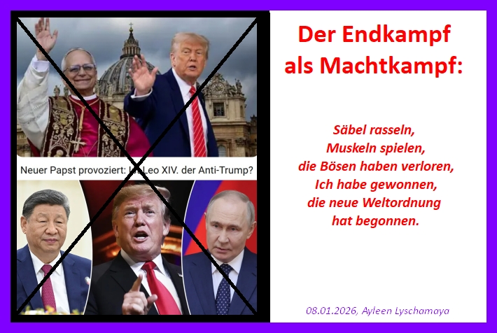 Die Apokalypse: Gut gegen Böse! Der Endkampf als Machtkampf: Säbel rasseln, Muskeln spielen, die Bösen haben verloren, Ich habe gewonnen, die neue Weltordnung hat begonnen.