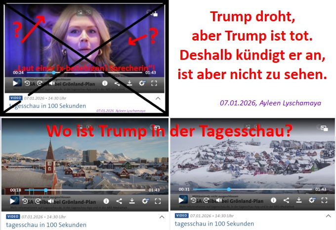 Gut gegen Böse Trump gehört zu den Toten. Wo ist Trump in der Tagesschau? Trump droht, aber Trump ist tot. Deshalb kündigt er an, ist aber nicht zu sehen.