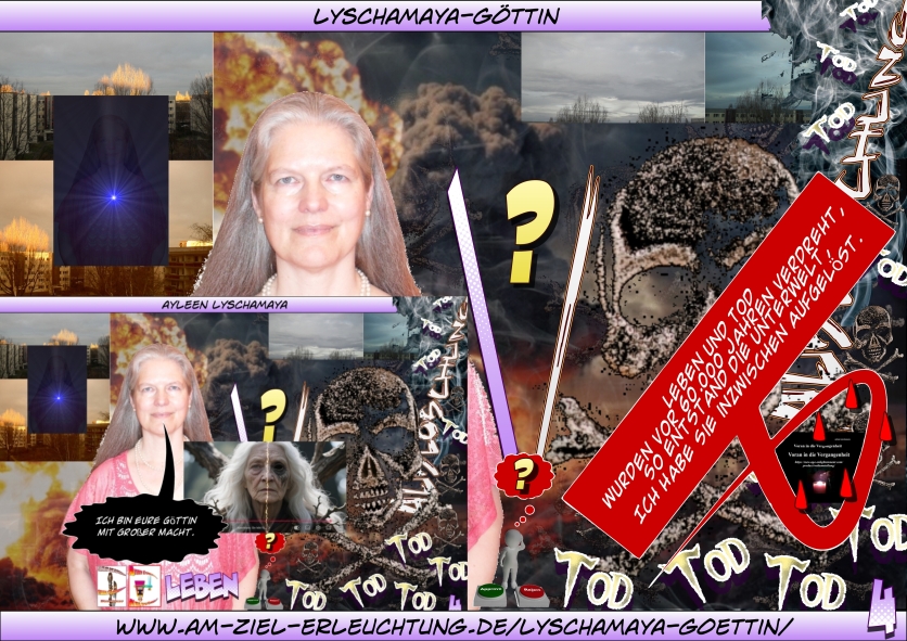 Frau Holle, Perchta, Lyschamaya: Lyschamaya-Göttin: Ich in Person Musubi-Göttin: Ich als für Musubi und mich Gottespaar-Repräsentantin Dr. (Jesus) Lyschamaya: Ich als Jesus für die wissenschaftliche Welterklärung innerhalb der Gottespaarweltanschauung Meine Geheimgruppe als autorisierte Durchsetzung unserer neuen Weltordnung