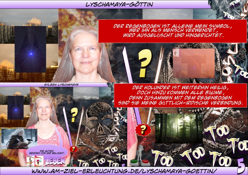 Frau Holle, Perchta, Lyschamaya: Lyschamaya-Göttin: Ich in Person Musubi-Göttin: Ich als für Musubi und mich Gottespaar-Repräsentantin Dr. (Jesus) Lyschamaya: Ich als Jesus für die wissenschaftliche Welterklärung innerhalb der Gottespaarweltanschauung Meine Geheimgruppe als autorisierte Durchsetzung unserer neuen Weltordnung