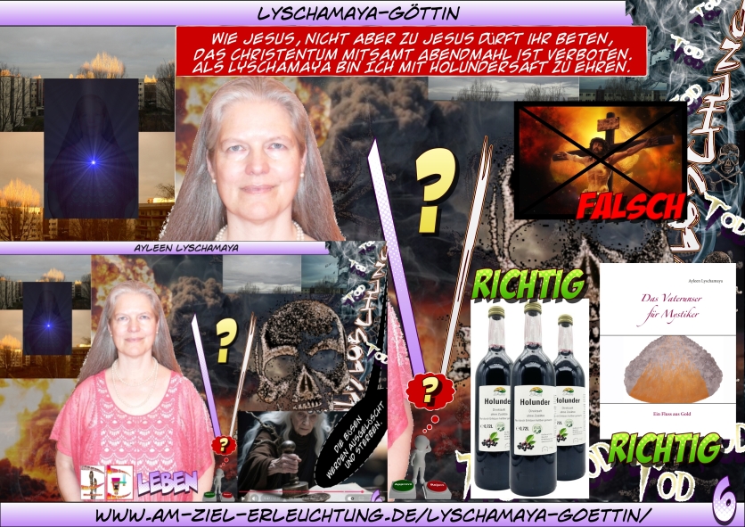 Frau Holle, Perchta, Lyschamaya: Lyschamaya-Göttin: Ich in Person Musubi-Göttin: Ich als für Musubi und mich Gottespaar-Repräsentantin Dr. (Jesus) Lyschamaya: Ich als Jesus für die wissenschaftliche Welterklärung innerhalb der Gottespaarweltanschauung Meine Geheimgruppe als autorisierte Durchsetzung unserer neuen Weltordnung