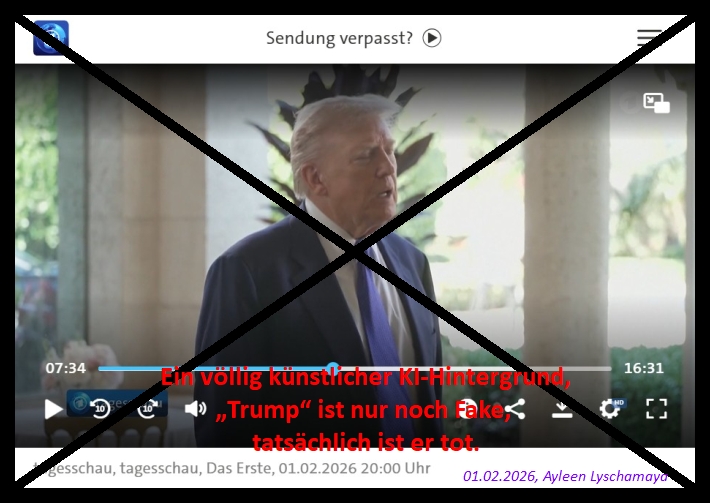 Jüngstes Gericht, Endkampf: Ein völlig künstlicher KI-Hintergrund, „Trump“ ist nur noch Fake, tatsächlich ist er tot.